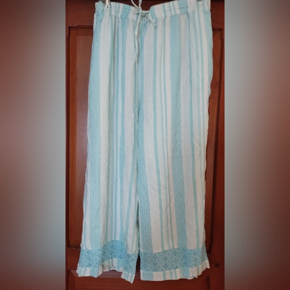 NATURALS DECO TEAL BLUE & WHITE DESIGN LINEN BLEND CROPPED PANTS SZ 1X - Picture 3 of 7